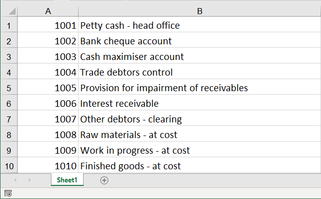 Image shows a valid Excel import file. Column A is the general ledger account number and Column B is the general ledger account name..